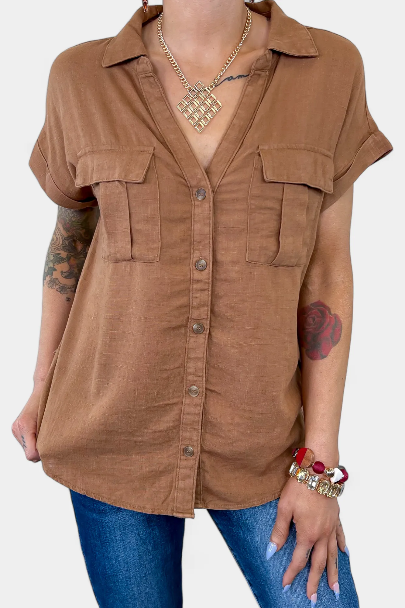 Camel Linen Button Down Top sold by ZZs product image thumbnail 4