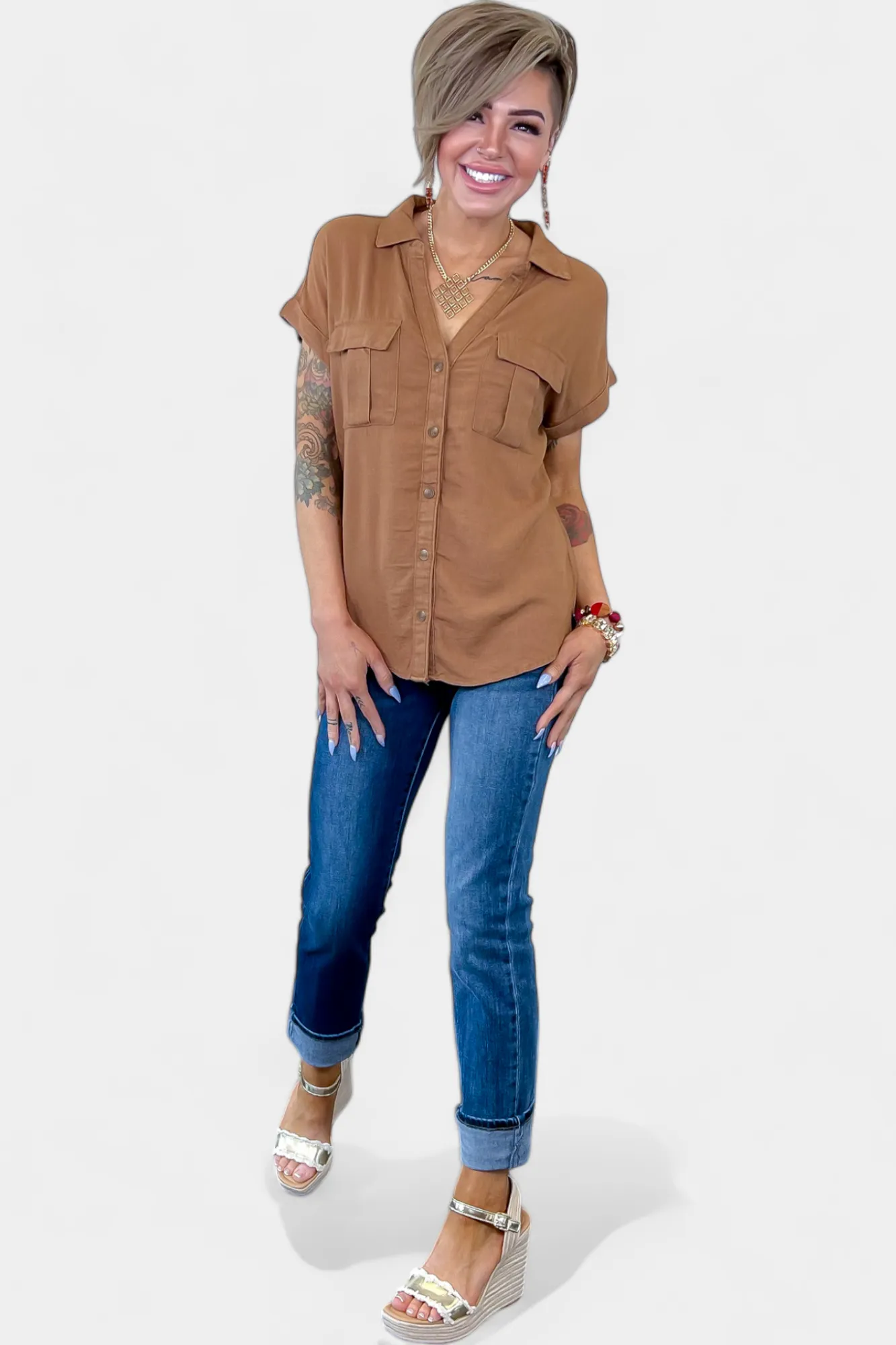 Camel Linen Button Down Top sold by ZZs product image thumbnail 3