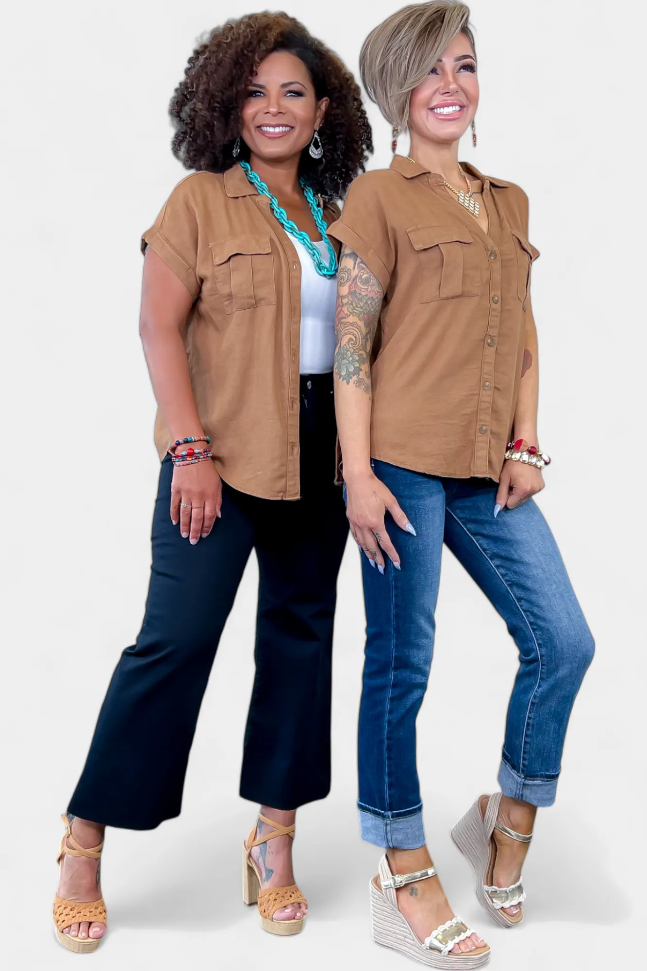 Camel Linen Button Down Top sold by ZZs