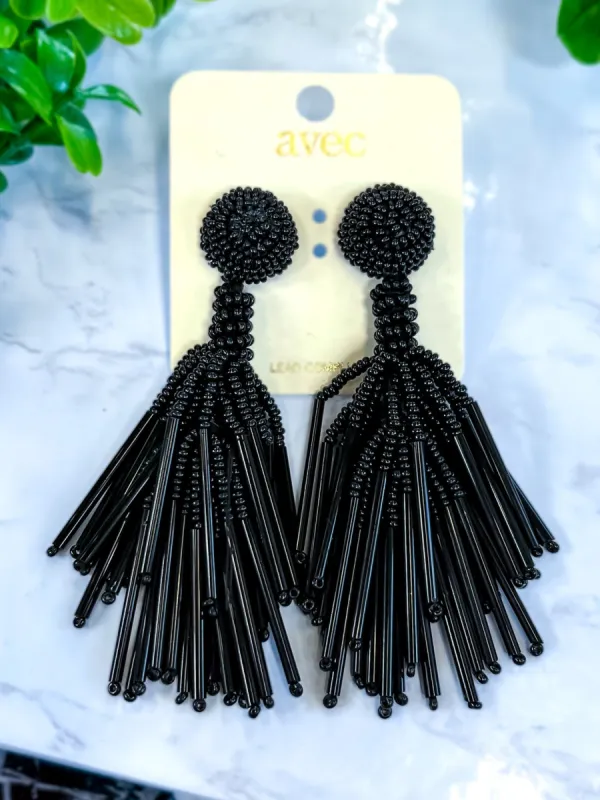 Black Beaded Tassel Earrings sold by ZZs