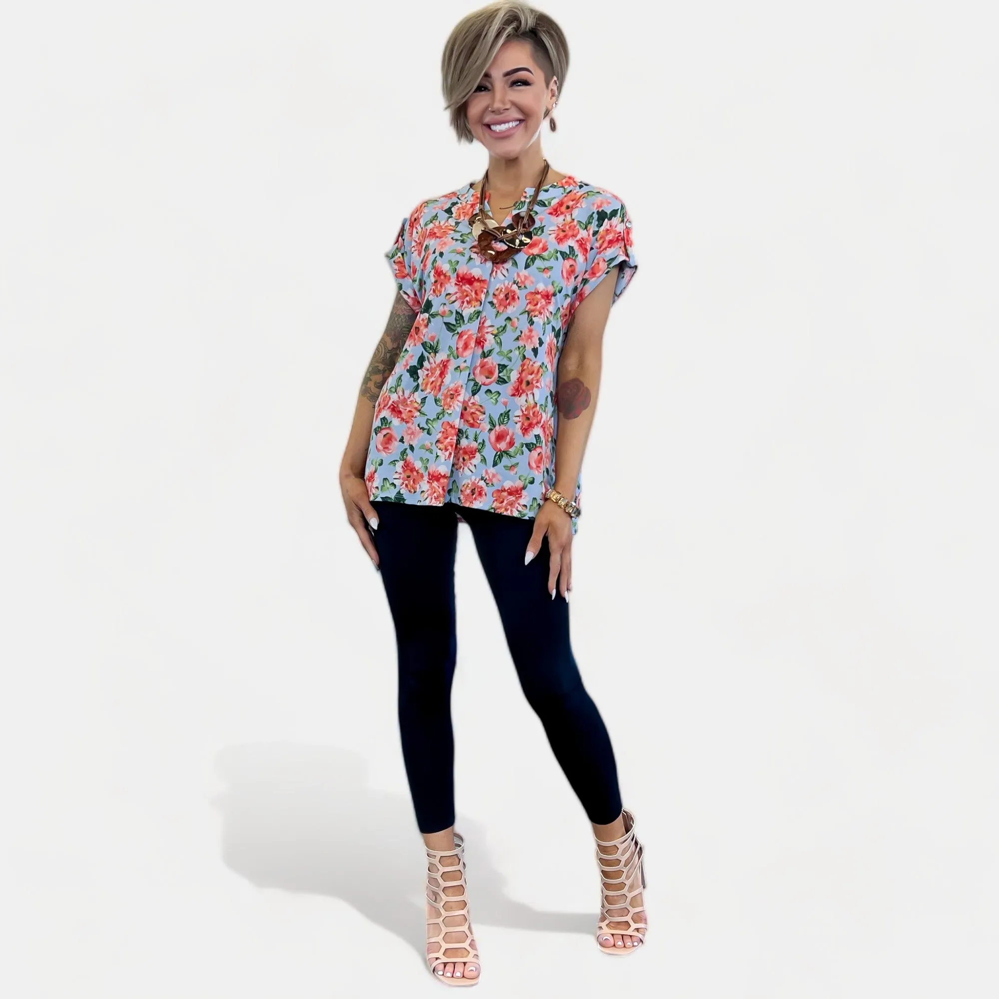 Blue Multi Floral Lizzy Short Sleeve Top sold by ZZs