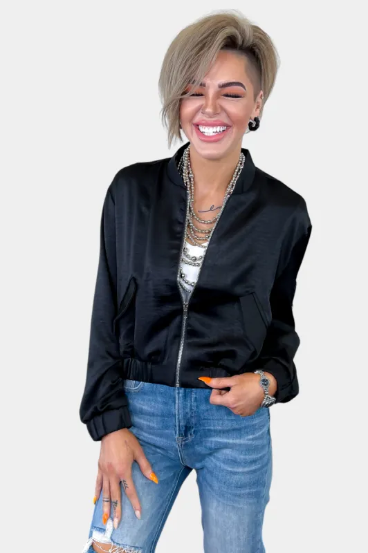 Black Satin Bomber Jacket sold by ZZs