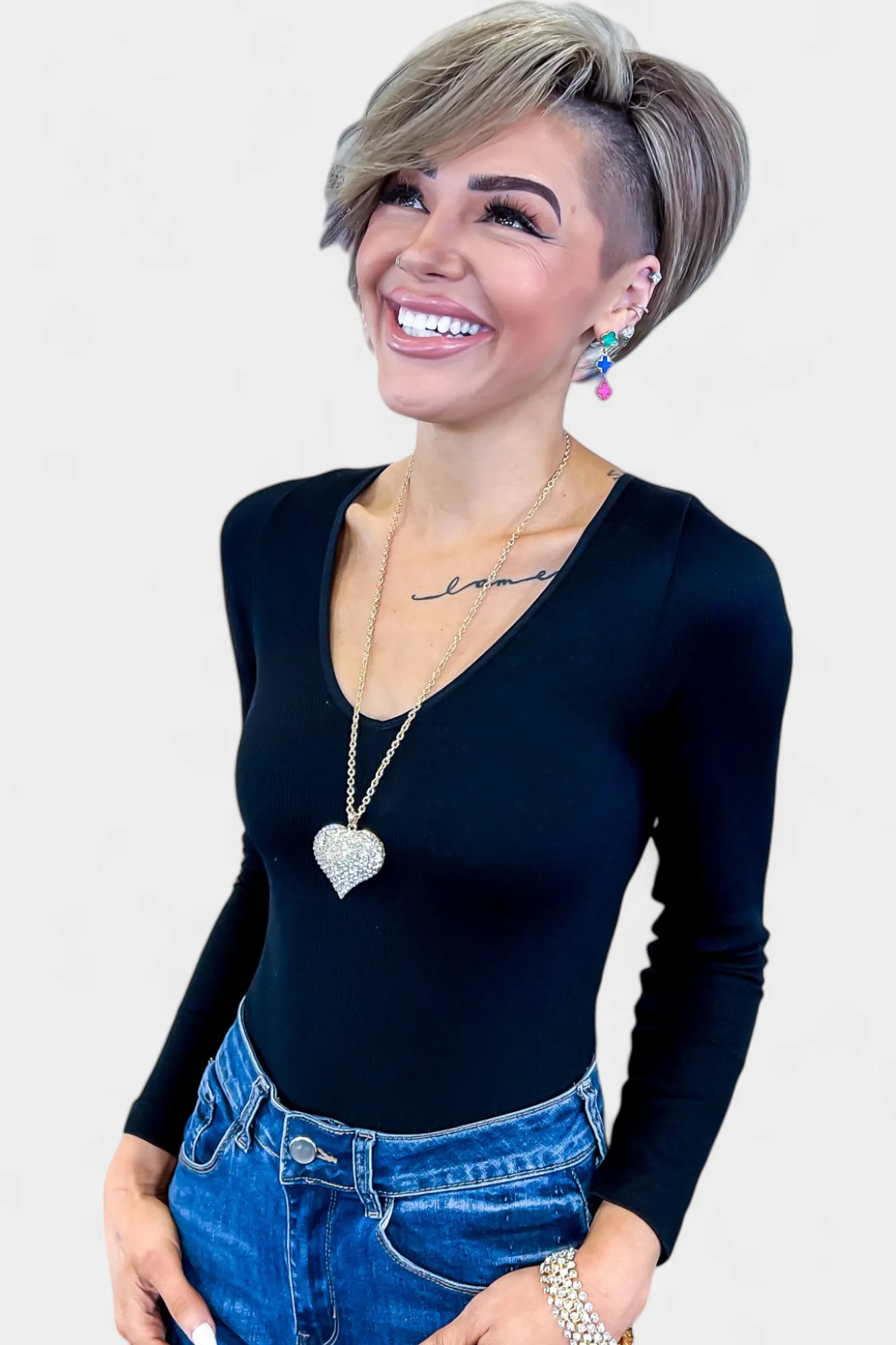 Black V Neck Ribbed Long Sleeve Bodysuit sold by ZZs product image thumbnail 2