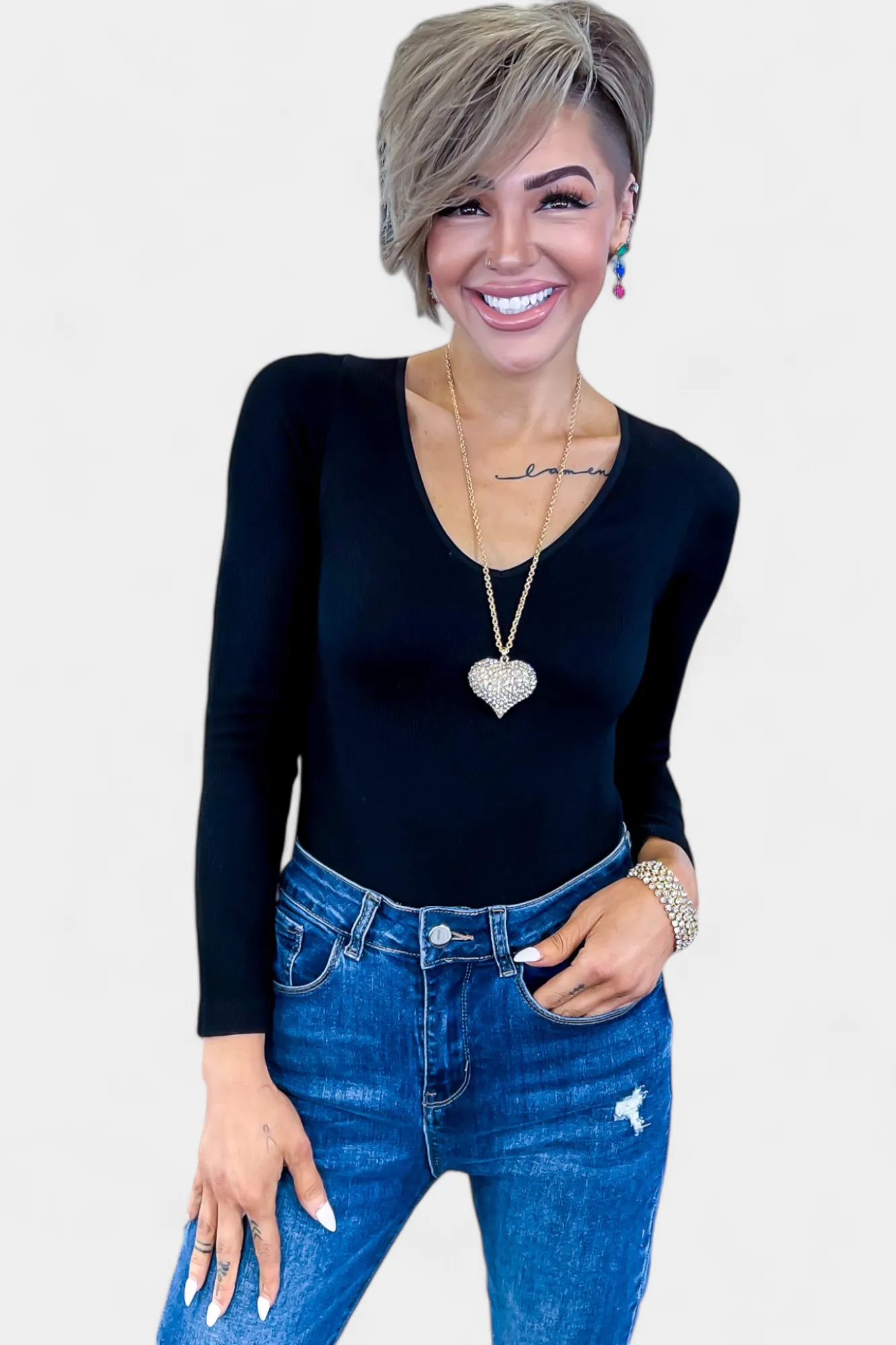 Black V Neck Ribbed Long Sleeve Bodysuit sold by ZZs product image thumbnail 4