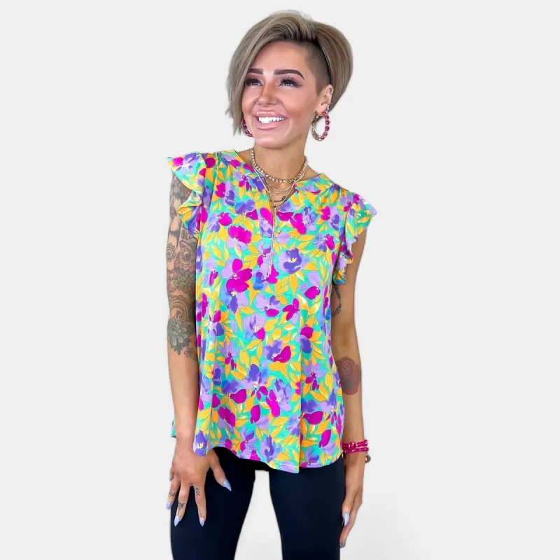 Emerald Floral Lizzy Flutter Sleeve Top sold by ZZs