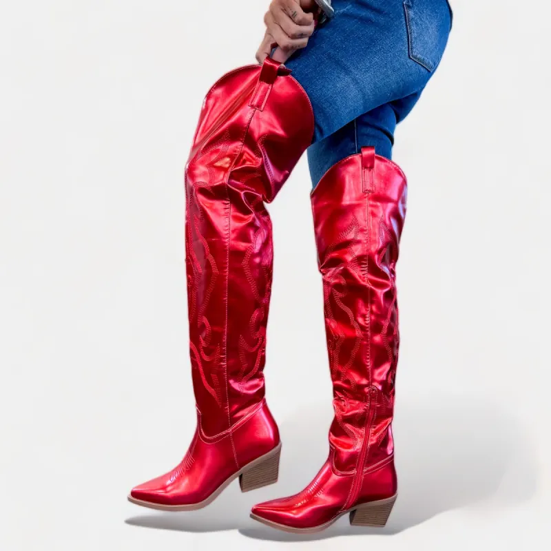 Red Metallic Over the Knee Boots sold by ZZs