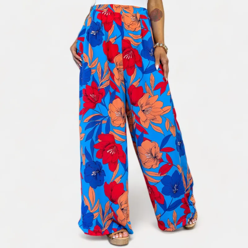 Blue Floral Wide Leg Pants sold by ZZs