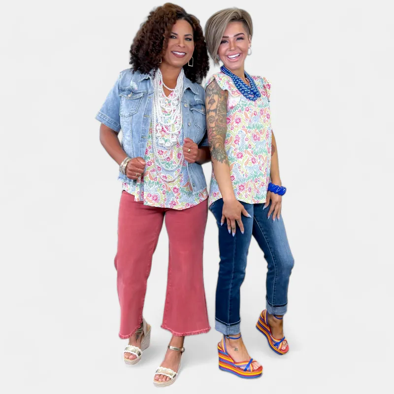 Ivory Multi Abstract Lizzy Flutter Sleeve Top sold by ZZs
