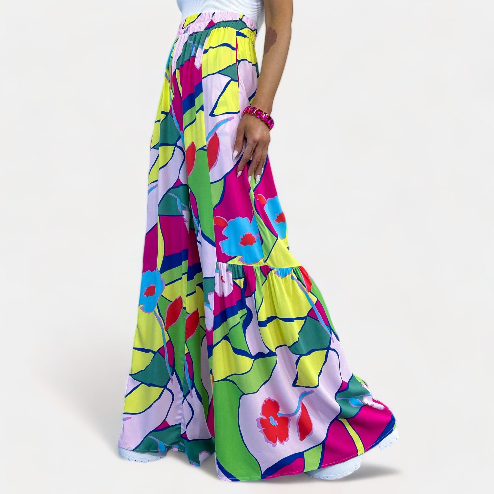 Magenta & Lime Abstract Wide Leg Pants sold by ZZs