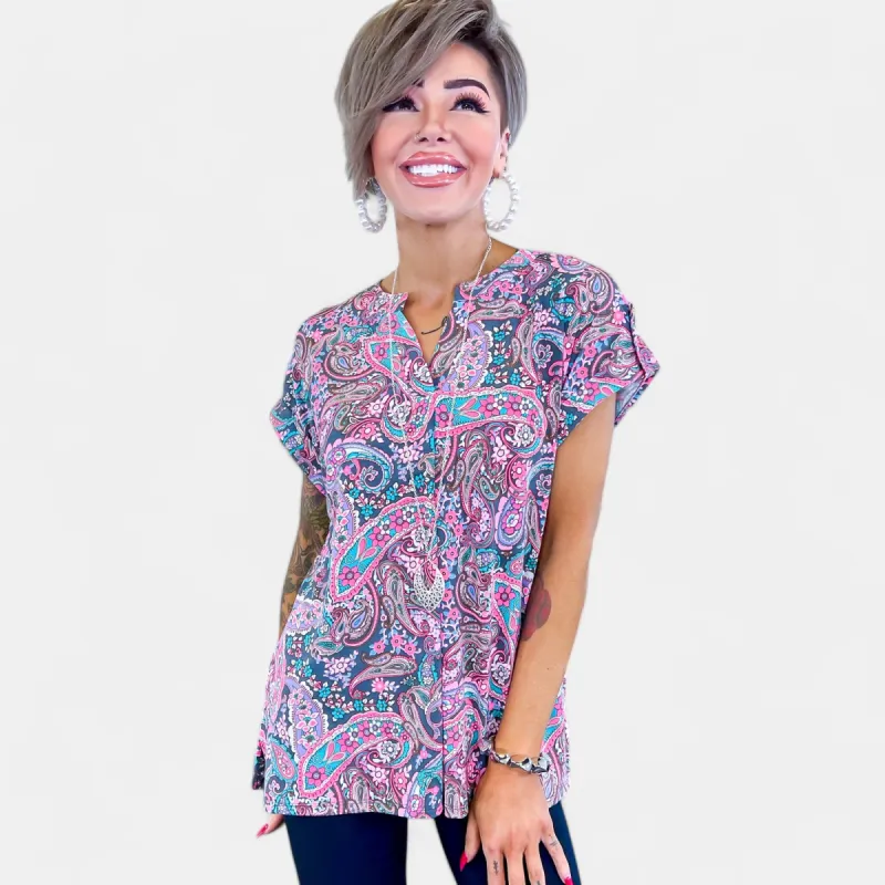 Charcoal Paisley Lizzy Short Sleeve Top sold by ZZs