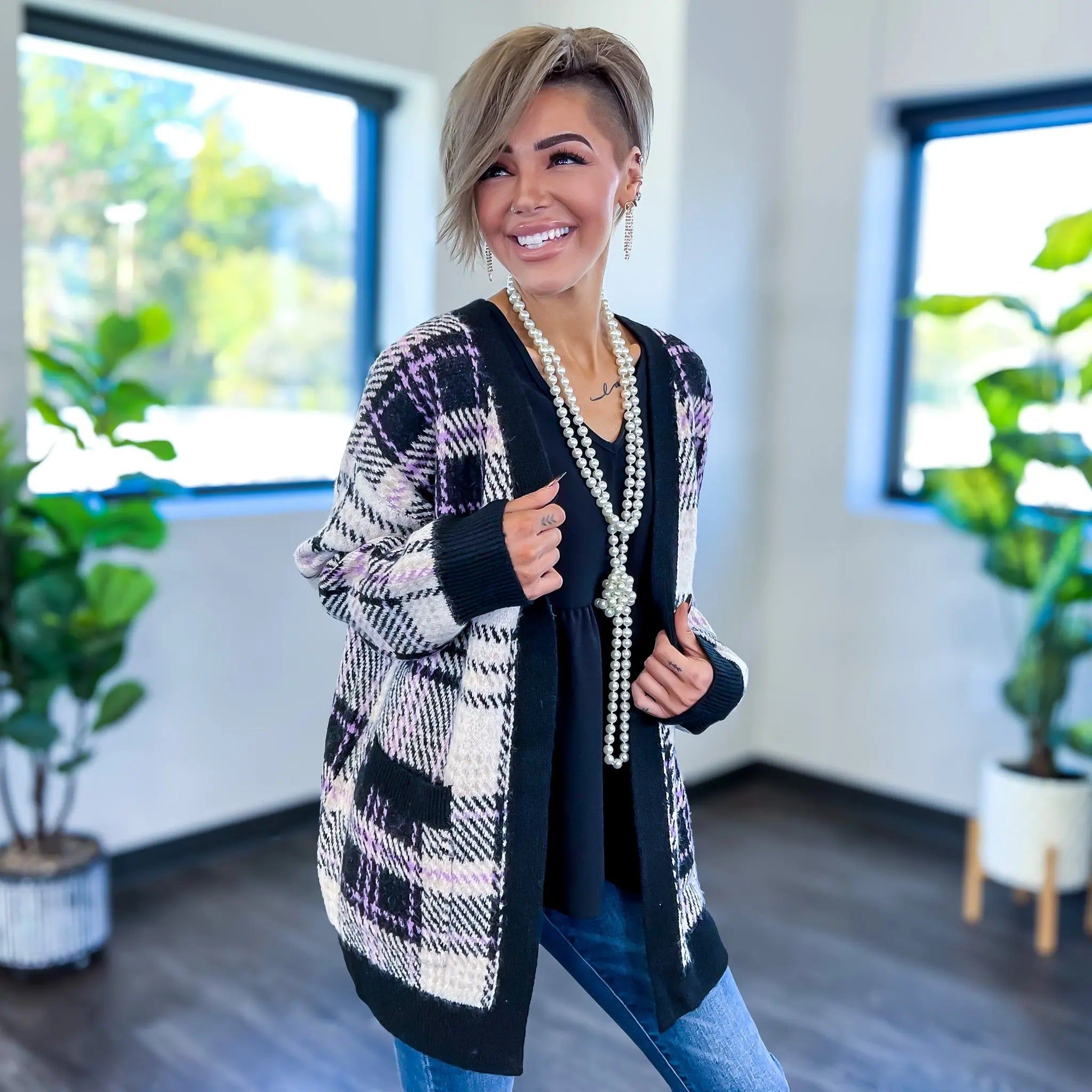 Black Plaid Long Cardigan sold by ZZs