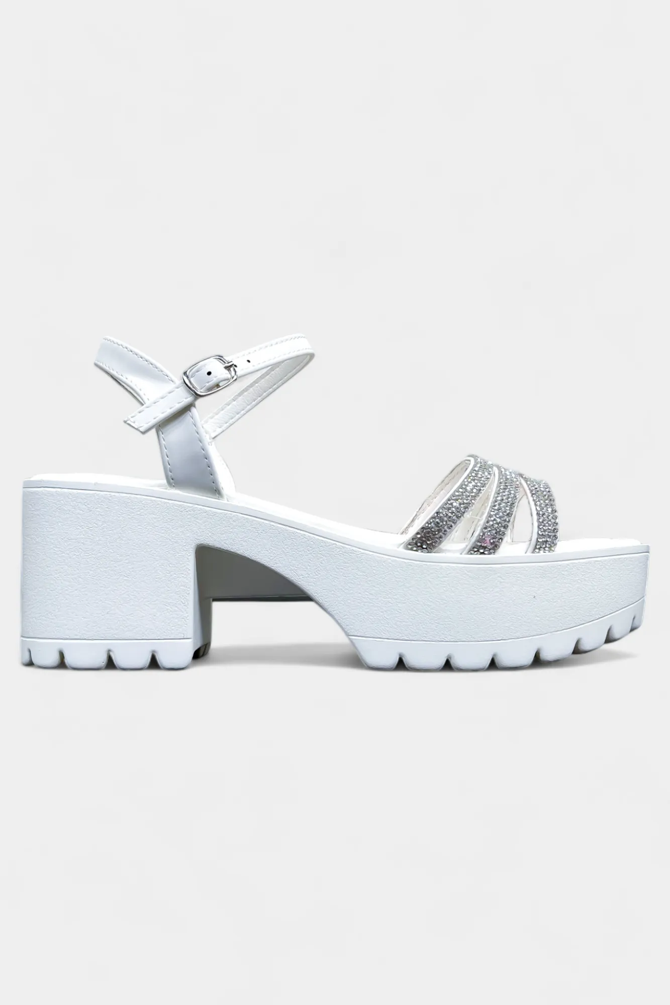 White Rhinestone Chunky Sandals sold by ZZs