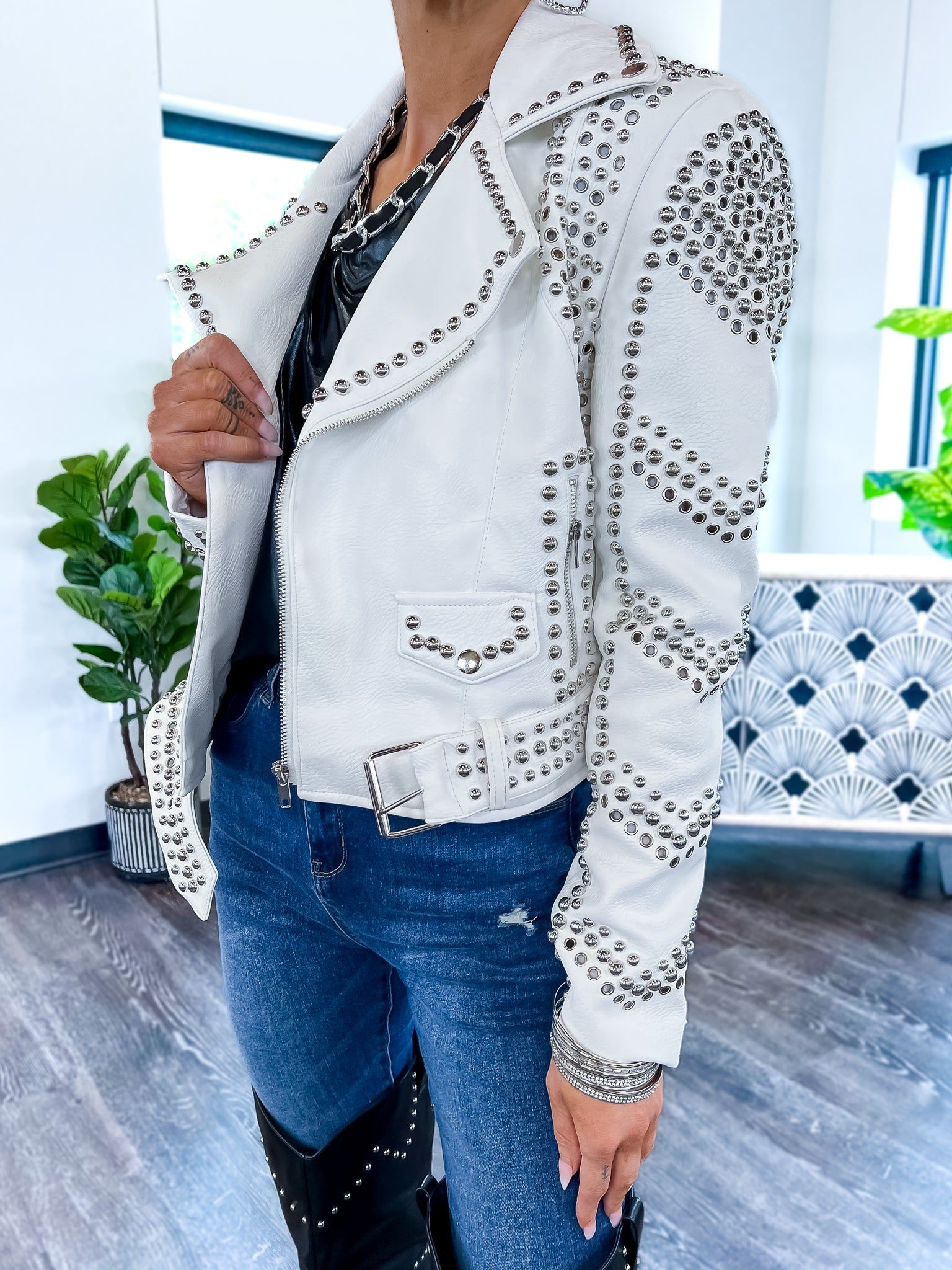 White Studded Moto Jacket sold by ZZs