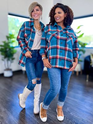Teal Plaid Button Up Shacket sold by ZZs