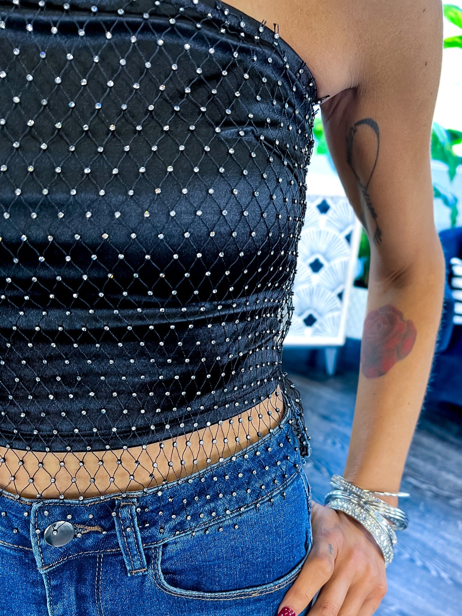 Rhinestone Net Top | Black sold by ZZs
