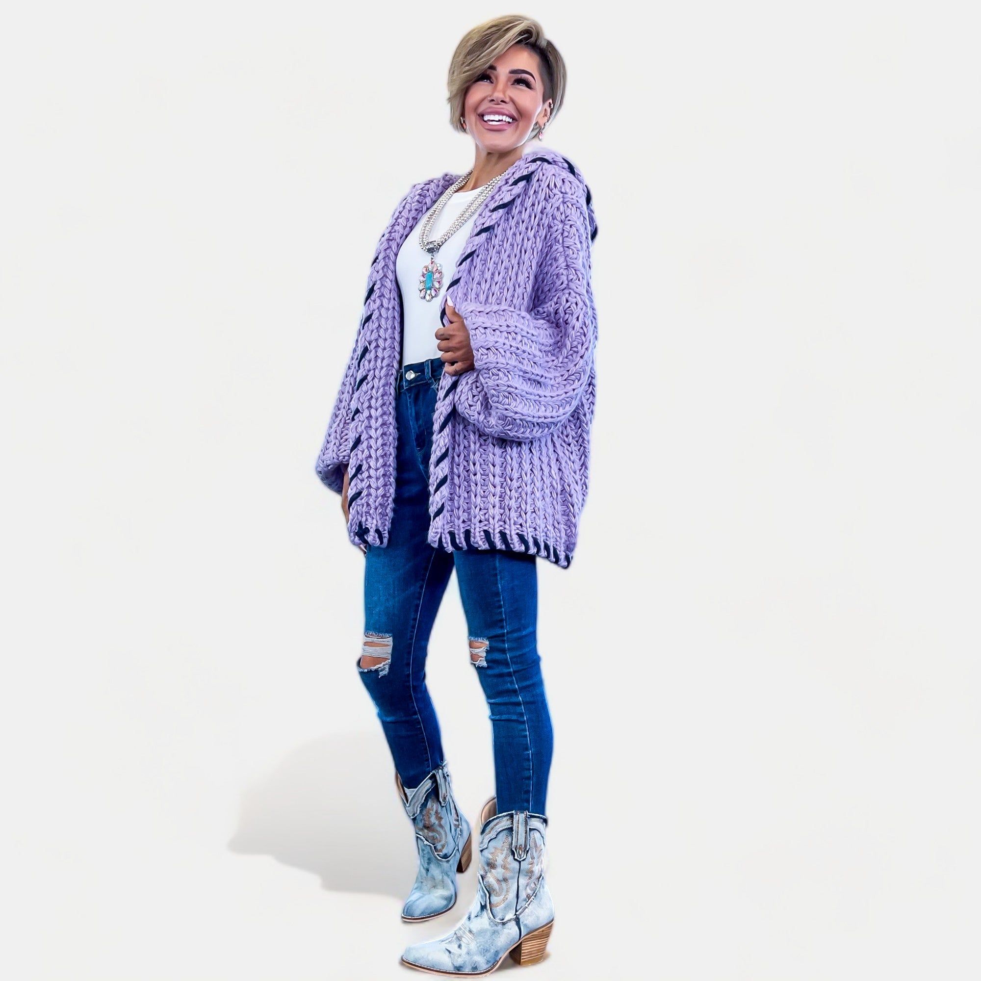 Lilac Stitch Edge Chunky Cardigan sold by ZZs product image thumbnail 5
