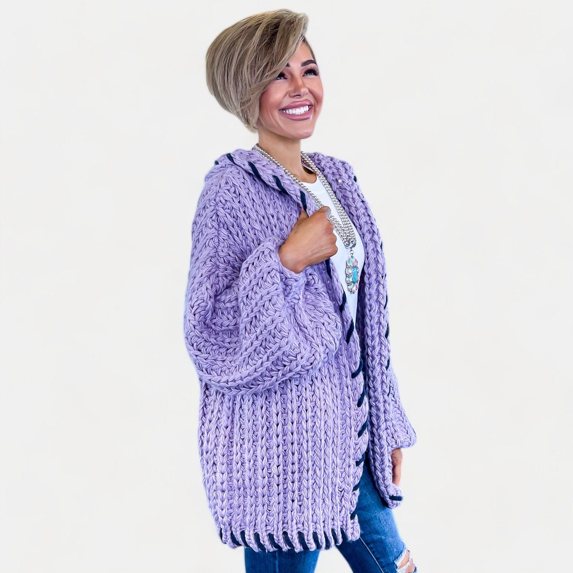 Lilac Stitch Edge Chunky Cardigan sold by ZZs product image thumbnail 3