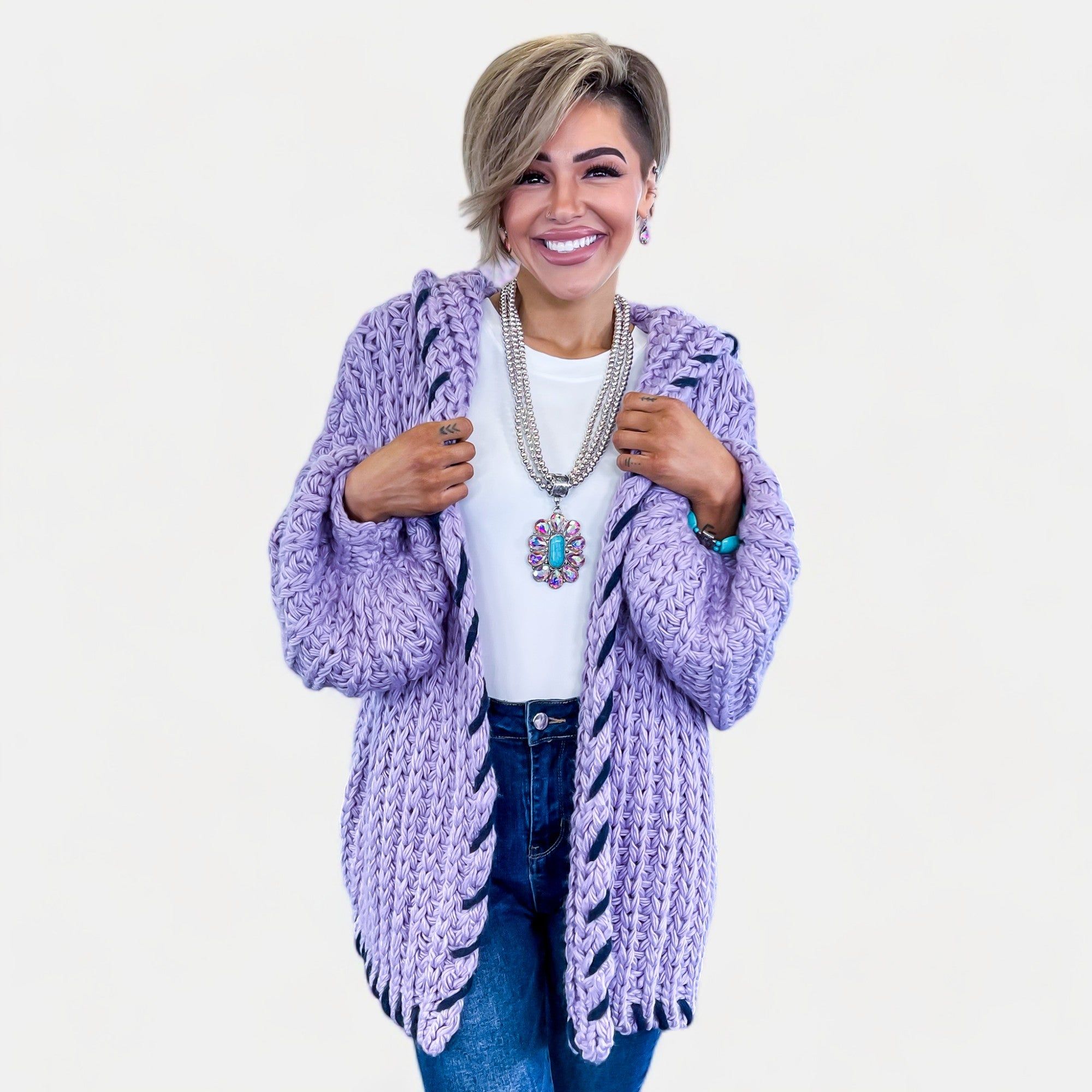 Lilac Stitch Edge Chunky Cardigan sold by ZZs