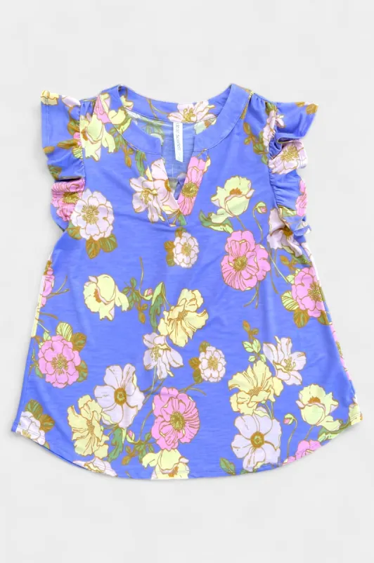 Lavender Multi Floral Lizzy Flutter Sleeve Top sold by ZZs