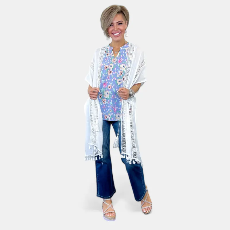 White Pearl Trim Drawstring Kimono sold by ZZs