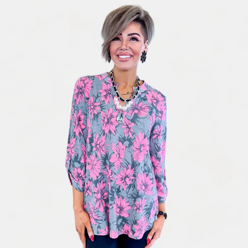 Pink & Grey Floral Lizzy Top sold by ZZs