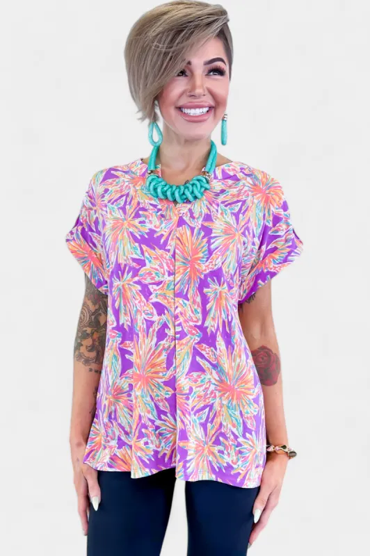 Purple Multi Lizzy Short Sleeve Top sold by ZZs