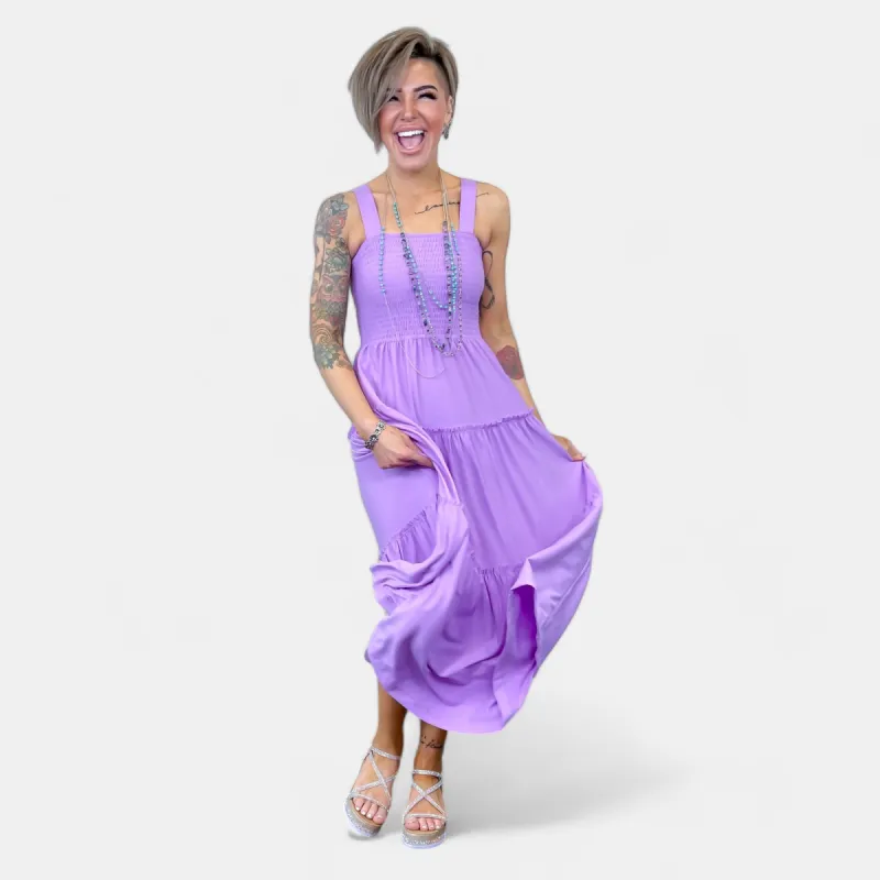 Lavender Smocked Tiered Midi Dress sold by ZZs