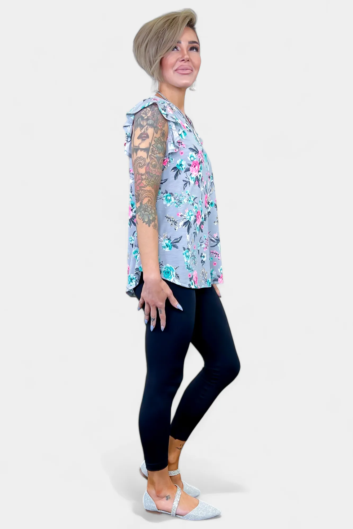 Grey Floral Lizzy Flutter Sleeve Top sold by ZZs product image thumbnail 3