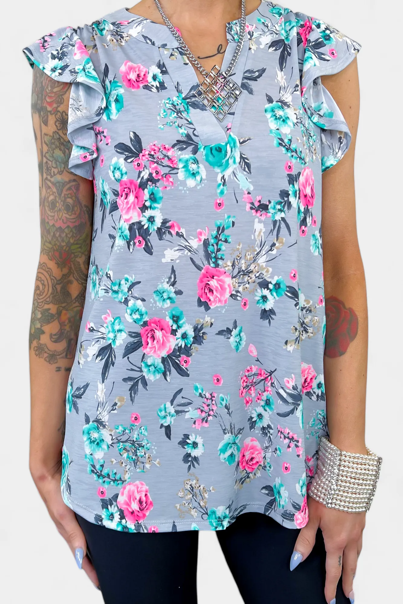 Grey Floral Lizzy Flutter Sleeve Top sold by ZZs product image thumbnail 2