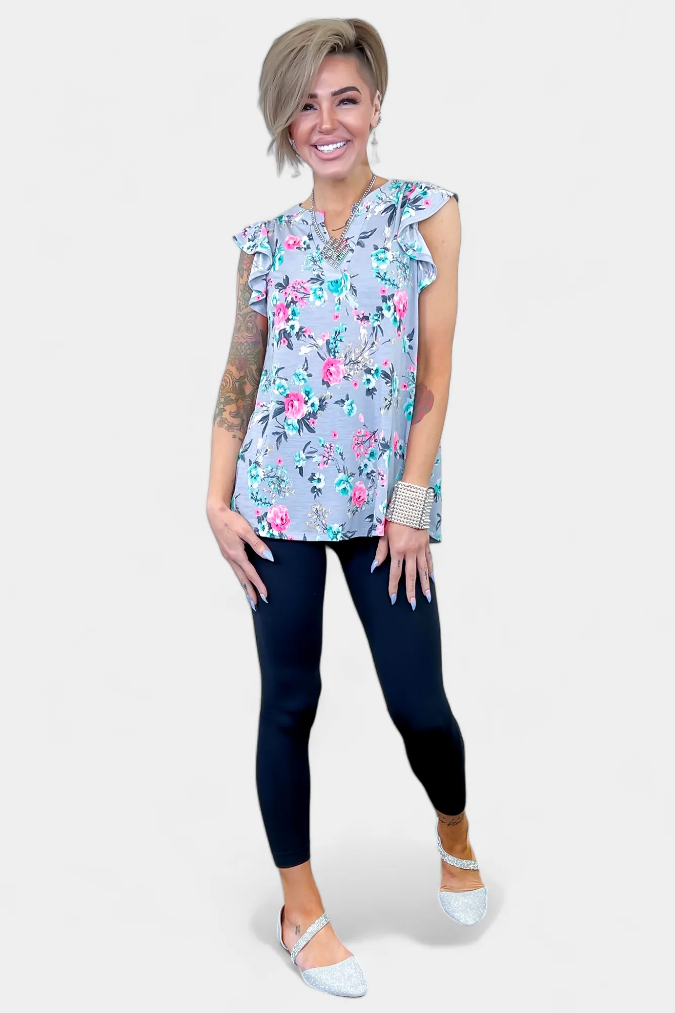 Grey Floral Lizzy Flutter Sleeve Top sold by ZZs