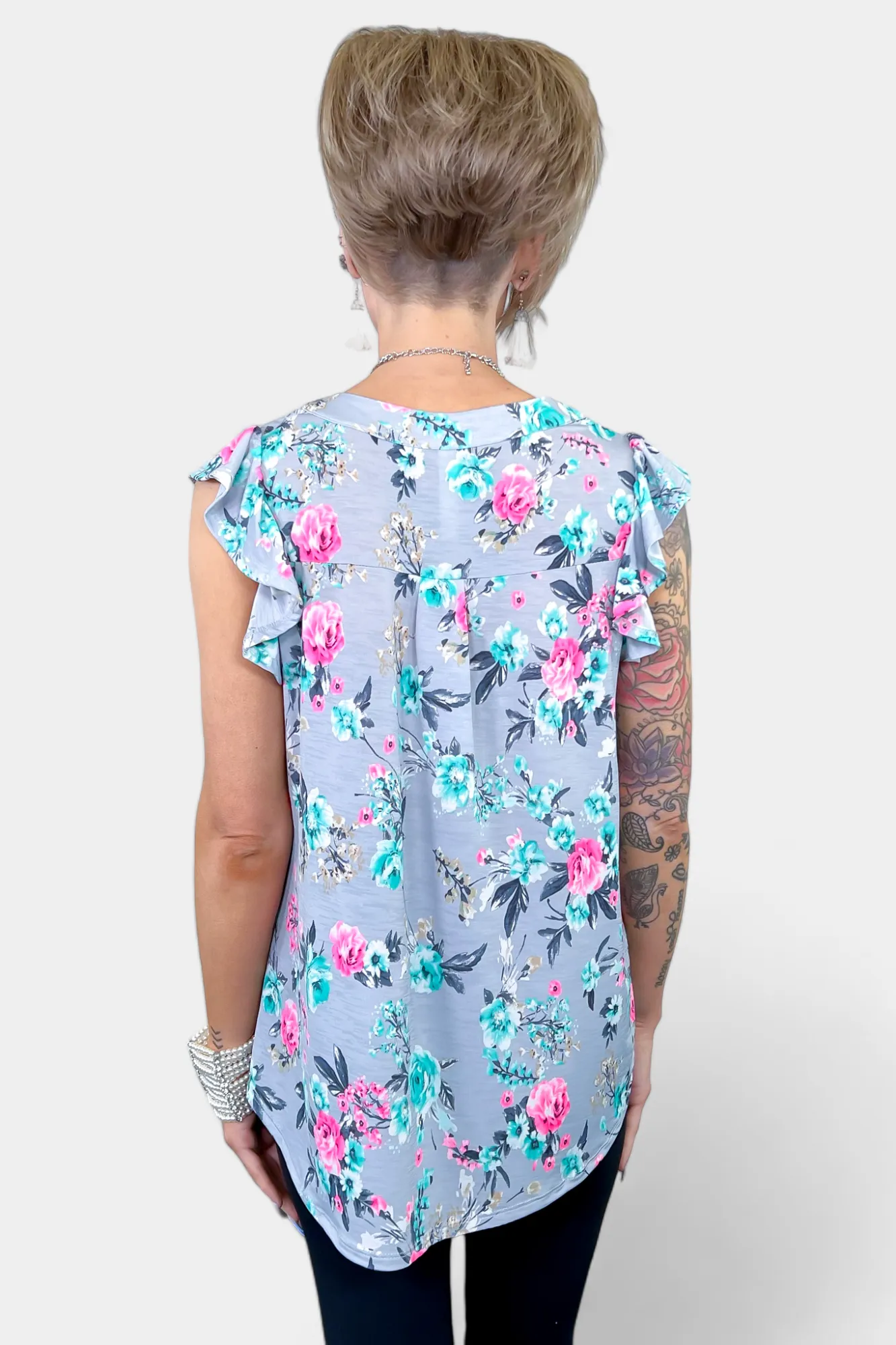 Grey Floral Lizzy Flutter Sleeve Top sold by ZZs product image thumbnail 4