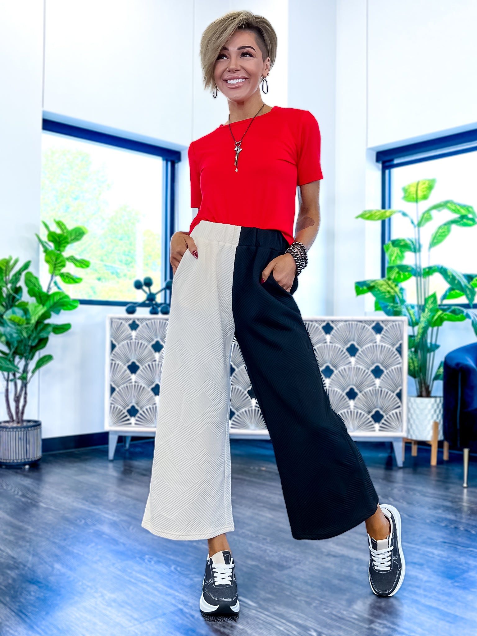 Cream & Black Colorblock Crop Pants sold by ZZs