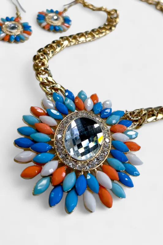 Blue & Orange Crystal Flower Necklace Set sold by ZZs