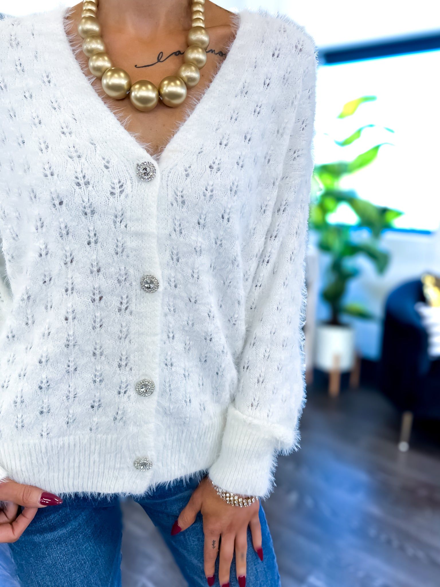 Ivory Fuzzy Button Cardigan sold by ZZs product image thumbnail 5