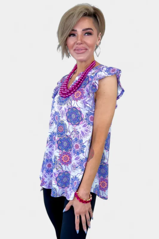 Lavender Multi Medallion Lizzy Flutter Sleeve Top sold by ZZs