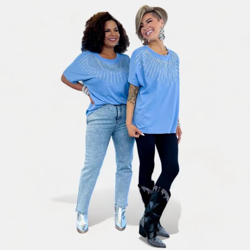 Blue Rhinestone Short Sleeve Top sold by ZZs