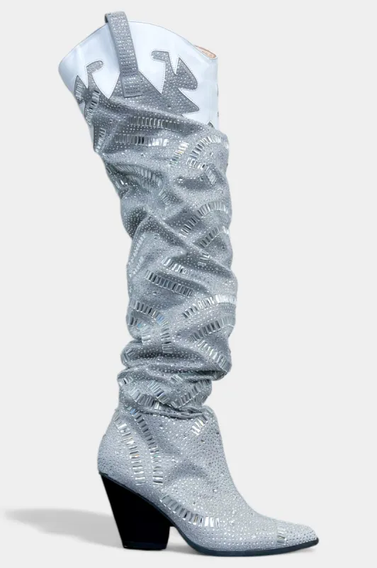 Silver Rhinestone Western Slouchy Boots sold by ZZs