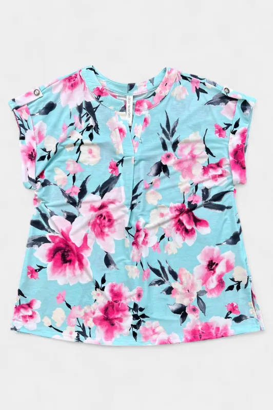 Blue Multi Flower Lizzy Short Sleeve Top sold by ZZs