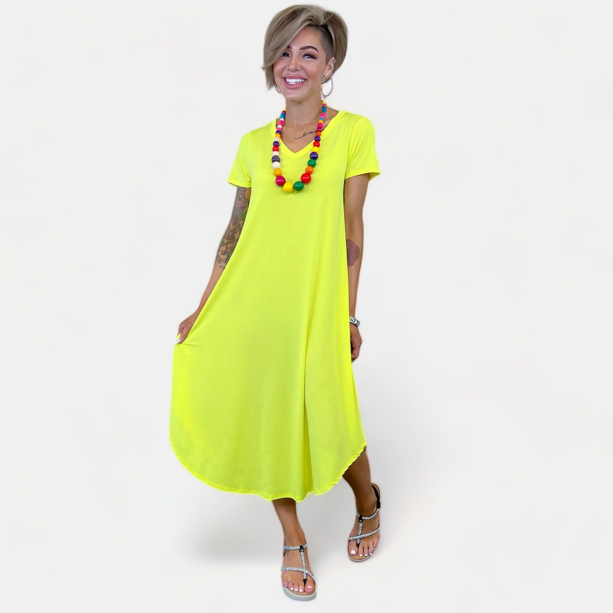 Neon Yellow V Neck Midi Dress sold by ZZs