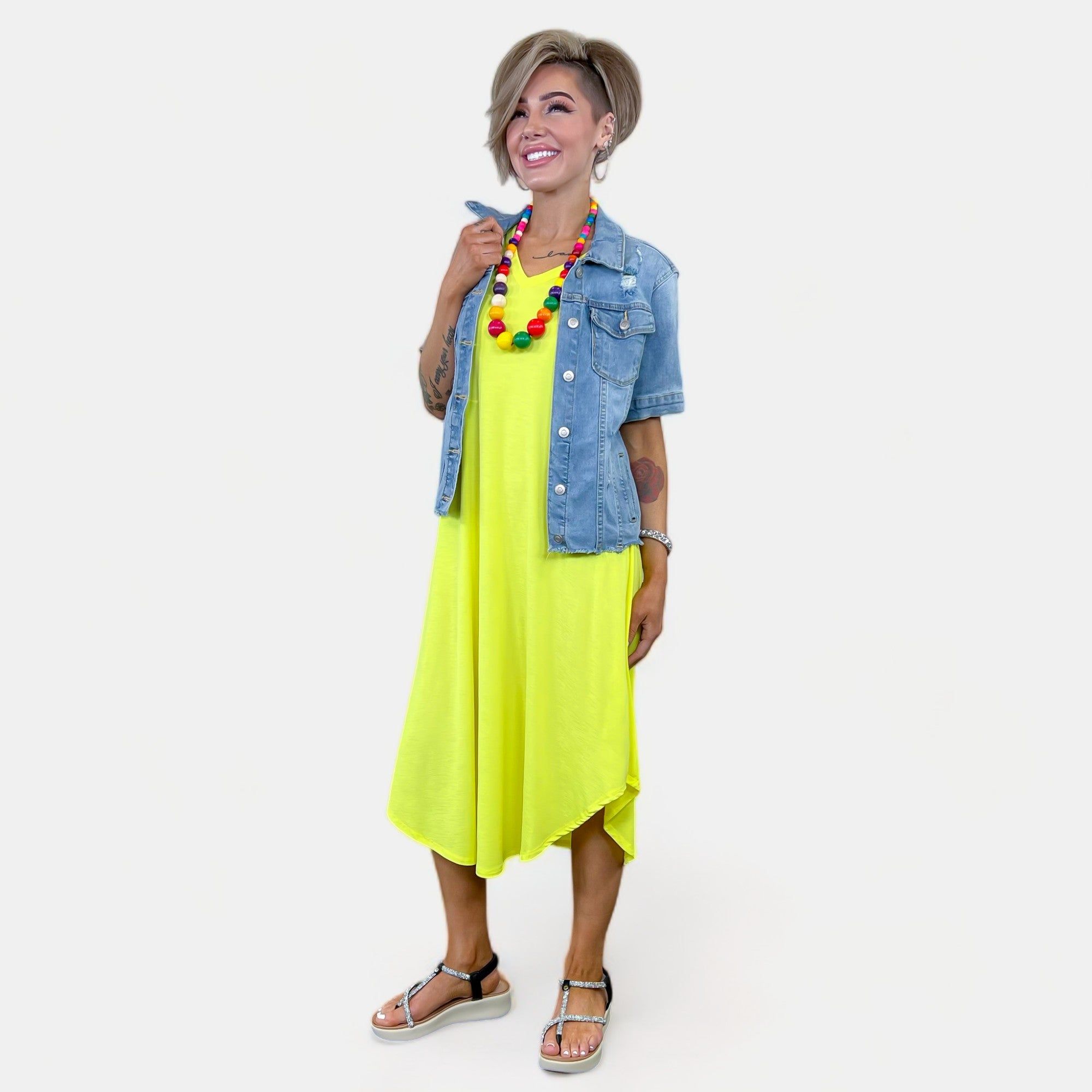 Neon Yellow V Neck Midi Dress sold by ZZs product image thumbnail 3