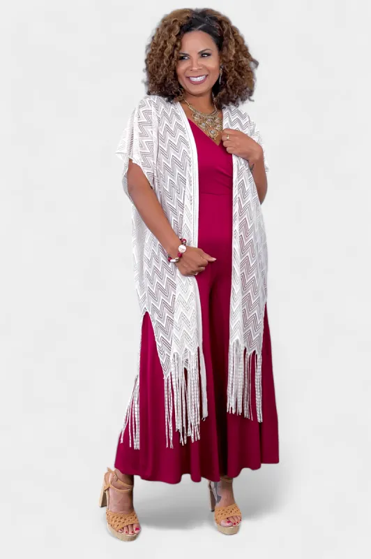 Beige Chevron Fringe Cardigan sold by ZZs