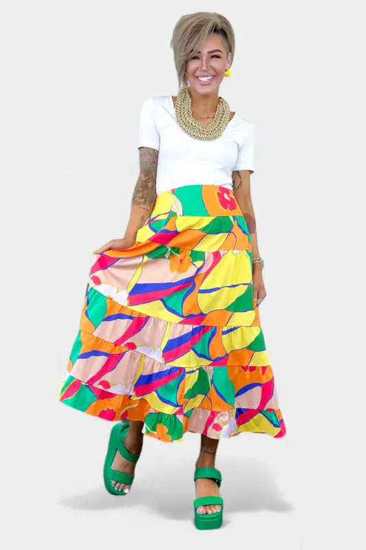 Abstract Floral Tiered Maxi Skirt sold by ZZs