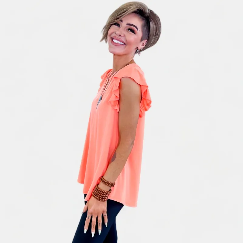 Neon Orange Lizzy Flutter Sleeve Top sold by ZZs