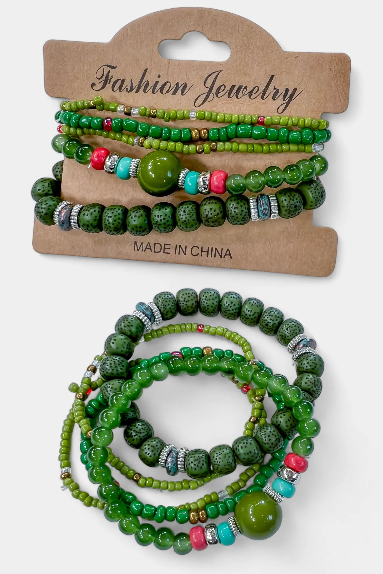 Green Mixed Bead Stretch Bracelet Set sold by ZZs