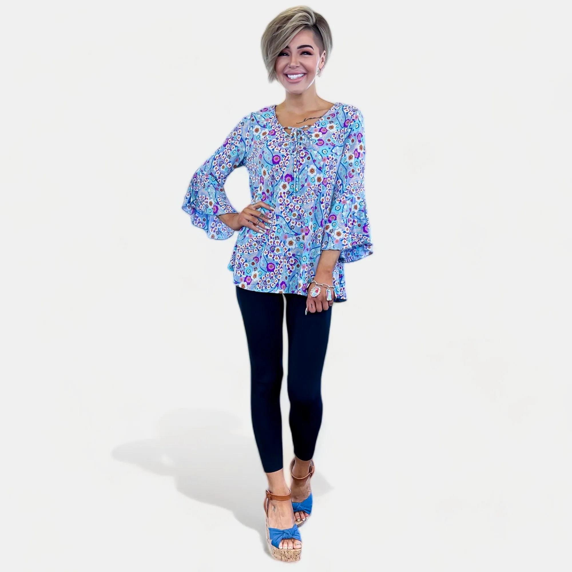 Blue Multi Floral Bell Sleeve Top sold by ZZs product image thumbnail 3
