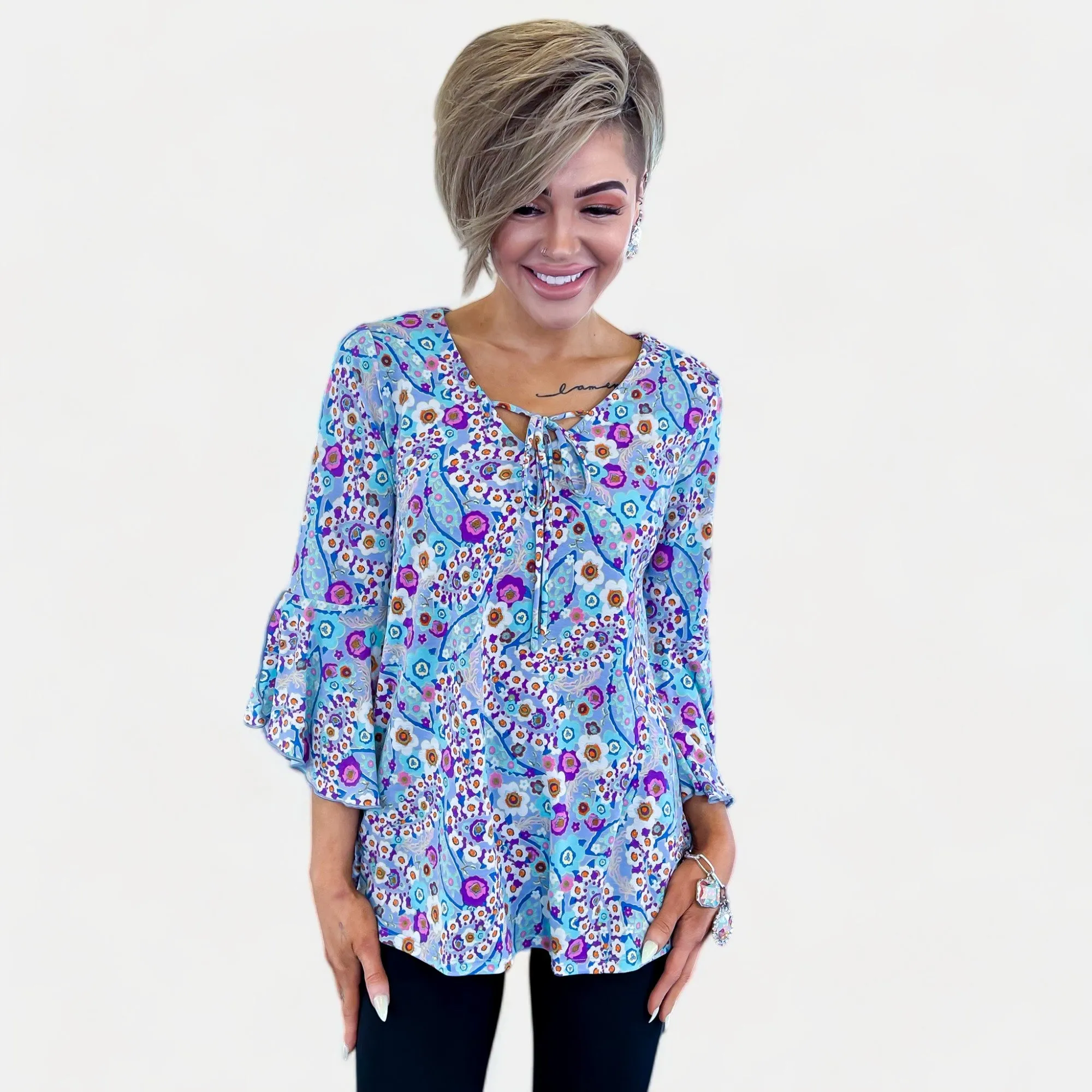 Blue Multi Floral Bell Sleeve Top sold by ZZs