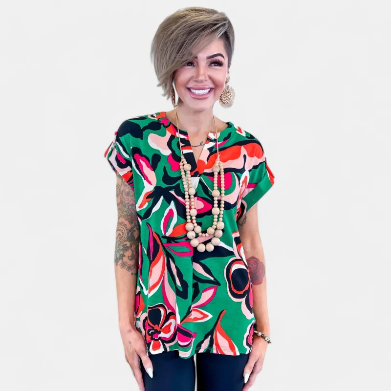 Green Multi Lizzy Short Sleeve Top sold by ZZs