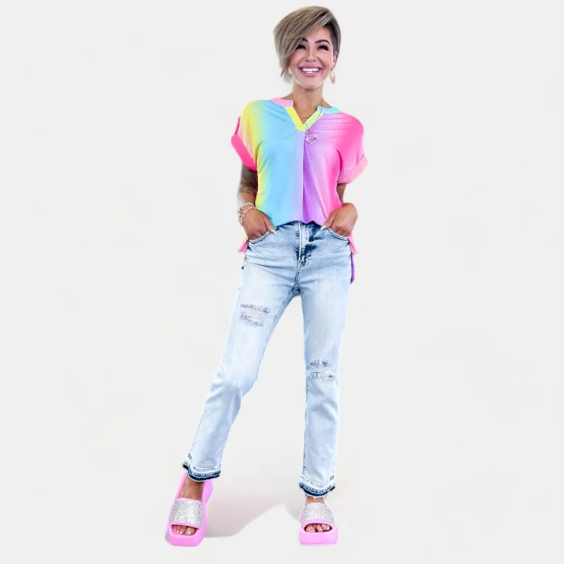 Multi Watercolor Lizzy Short Sleeve Top sold by ZZs