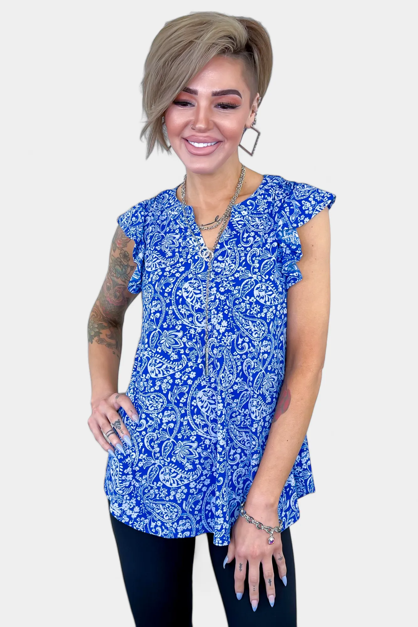 Royal Blue Paisley Lizzy Flutter Sleeve Top sold by ZZs