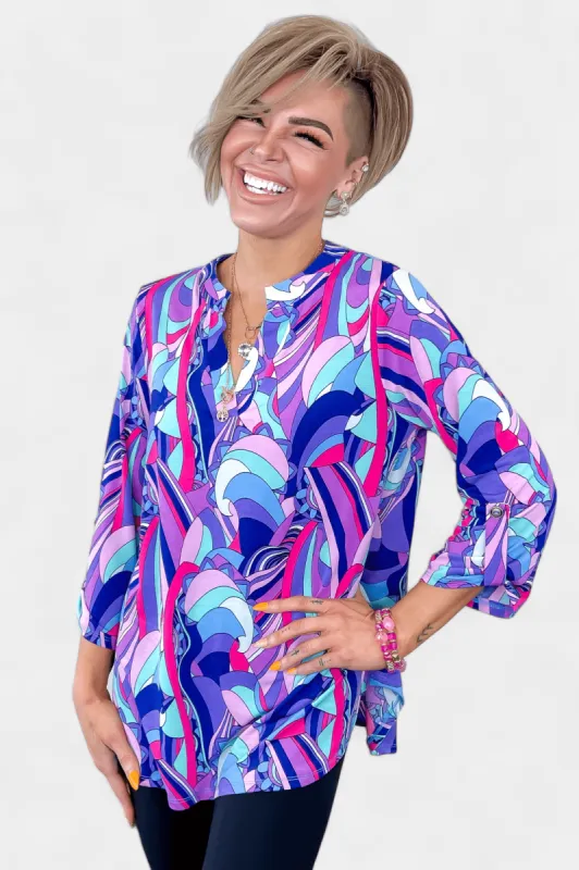 Blue Multi Abstract Lizzy Top sold by ZZs